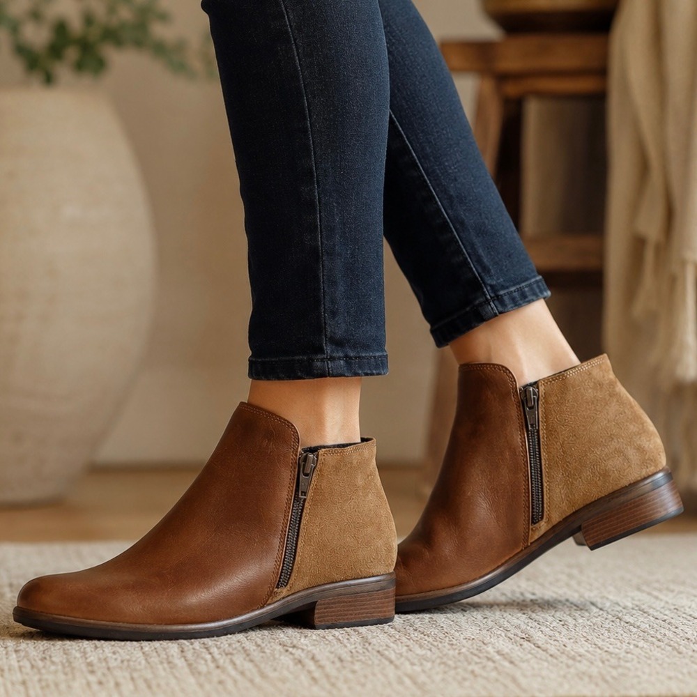 Naot Brown‎ Leather Suede Mixed Media Ankle Boots Dual Zip 41 L10 Made in Israel
